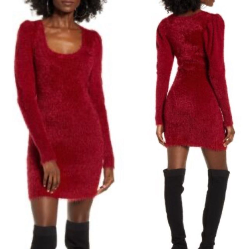 4SI3NNA Sweater Dress Body Con Long Sleeve Eyelash Burgundy Maroon Holiday Small